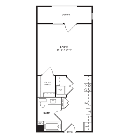 Floor plan for studio, 1 bath, 512 sqft